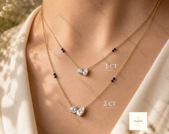Toi Et Moi Diamond Mangalsutra Necklace 14k Solid Gold Round & Pear Diamond Pendant Black Beads Chain Modern Bridal Jewelry Daily Wear Gift