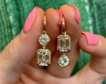 Emerald And Round Cut Bezel Set Earrings, Dangle Drop Unique Design Wedding Earrings, 925 Silver Clip On Alternative Diamond Earrings