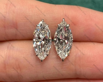 3 TCW Marquise Cut Moissanite Diamond Stud Earrings, 6 Claw Leaf Design Studs, 925 Silver Minimalist Earrings, Everyday Wear Birthday Gift