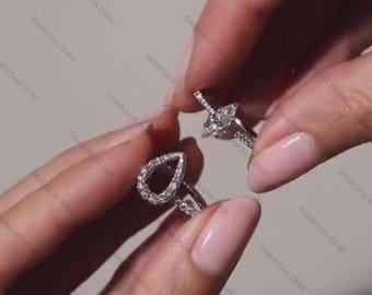 Unique Pear Cut Insert Wedding Ring Set, 925 Sterling Silver Ring, Pear Cut Moissanite Diamond Ring Set, Open Shank Halo Beautiful Ring Gift
