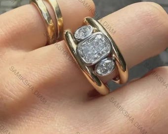 3 Stone Moissanite Diamond Ring, Elongated Cushion Bezel Set, 925 Sterling Silver & Gold Finish, Statement Engagement Ring, Gift for Her