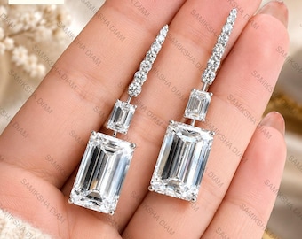 12 CT Emerald Cut Three Tier Drop Earrings, Luxury Statement, Solid Gold, IGI Lab Diamond or Moissanite