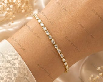 Baguette Diamond Tennis Bracelet in 14k Solid Gold Bezel Set Lab Grown Diamond Bracelet for Women Wedding Anniversary Gift for Wife