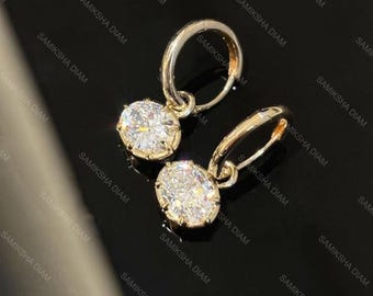 8x6 MM Oval Moissanite Gypset Hoop Earrings, Georgian Cut-Down Setting, Yellow Gold Finish Vintage Style Earrings for Women, Gift For Her