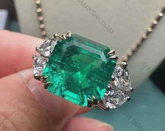 10 MM Asscher Cut Green Emerald Gemstone Ring, Double Prong Set Anniversary Ring, 925 Sterling Silver Ring, Five Stone Ring, May Birthstone