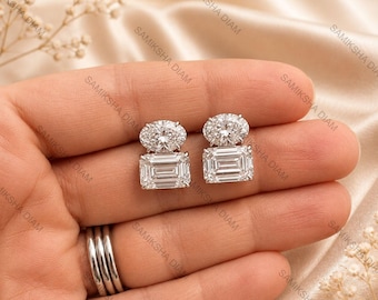 Two Stone Oval & Emerald Cut Moissanite Diamond Stud Earrings, Drop Earrings in 925 Sterling Silver, Bridal Wedding Gift, Gift For Her