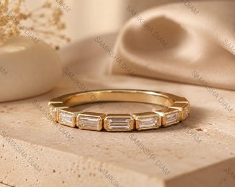 Baguette Cut lab Grown Diamond Bezel Set Band, Baguette Diamond Wedding Band, 14K Gold Half Eternity East West Set Band, Lab Diamond Band