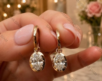 Ovaal geslepen moissaniet drop oorbellen, 1,50 kt per ring set clip-on oorbellen, 14 kt geelgouden bruids hangoorbellen, luxe huwelijkssieraden
