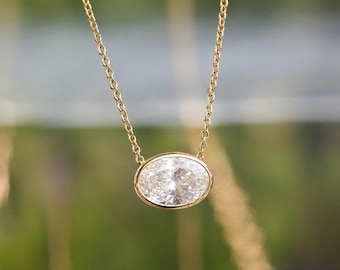 3.00 Ct Oval Cut Moissanite Diamond Pendant Necklace, Yellow Gold Plated Wedding Pendant Bezel Set Necklace, East To West Solitaire Necklace