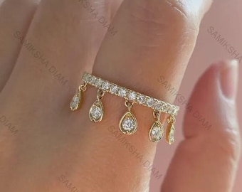 Beautiful Round Cut Simulated Diamond Dangling Tassel Ring, Half Eternity Pave Setting Ring, 925 Sterling Silver Ring For Your Love