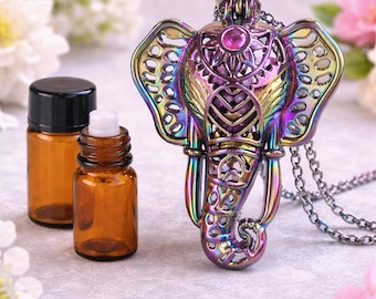 Collar con colgante difusor de aromaterapia de aceite esencial de elefante, 3,8 cm (1,5 pulgadas), acero inoxidable iridiscente con cadena de 48 cm (19 pulgadas) y frasco recargable. Regalo ideal.