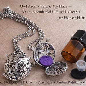 Owl Aromatherapy Necklace – 30mm Essential Oil Diffuser Locket Set – Stainless Steel Pendant with Refillable Vial Gift Set