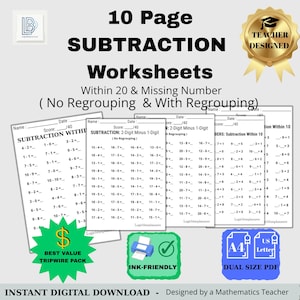 Può includere: Download digitale di 10 pagine di fogli di lavoro di sottrazione, inclusi problemi entro 20 ed esercizi con numeri mancanti. Include opzioni senza raggruppamento e con raggruppamento. Include un'icona "Ink-Friendly" e opzioni PDF a doppia dimensione.
