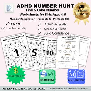 May include: ADHD number hunt worksheets for kids ages 4-6. The printable PDF includes number recognition and focus skills activities. The worksheets are ADHD-friendly, simple, and clear, designed to build confidence. Includes 12 pages and is a low prep activity.