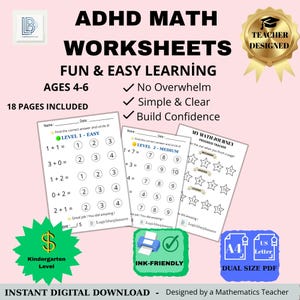 May include: ADHD maths worksheets for ages 4-6, designed by a teacher. The image shows worksheets with maths problems, a progress tracker, and the text "Fun & Easy Learning." Includes "Ink-Friendly" and "Dual Size PDF" labels.