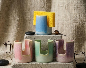 Handcrafted Ceramic Sponge Holder, Reactive Glaze Kitchen Sink Organizer