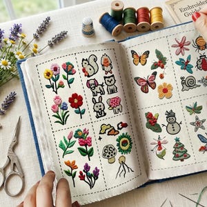 May include: An open embroidery guide book with colorful embroidered designs of flowers, animals, and insects. The book is surrounded by embroidery supplies, including spools of thread, a thimble, and scissors. The pages display various embroidered motifs.