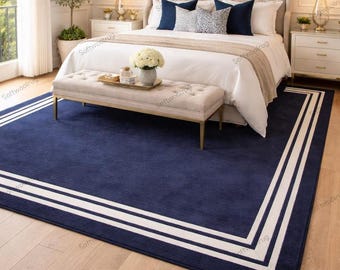 Hand Tufted Navy Blue Wool Area Rug: Modern Border Carpet for Living Room
