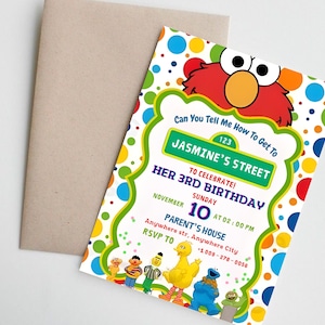 May include: A colorful birthday invitation featuring Sesame Street characters. The invitation includes the text "Jasmine's Street" and details for a 3rd birthday celebration on November 10th. The design incorporates red, yellow, blue, and green.