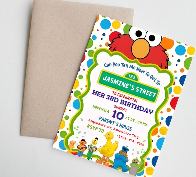 May include: A colorful birthday invitation featuring Sesame Street characters. The invitation includes the text "Jasmine's Street" and details for a 3rd birthday celebration on November 10th. The design incorporates red, yellow, blue, and green.