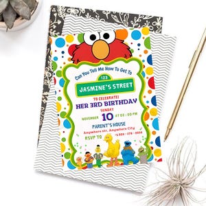 May include: A colorful birthday invitation featuring Elmo from Sesame Street. The invitation includes the text "Jasmine's Street" and details for a 3rd birthday celebration on November 10th at 2:00 PM. The design incorporates various Sesame Street characters.