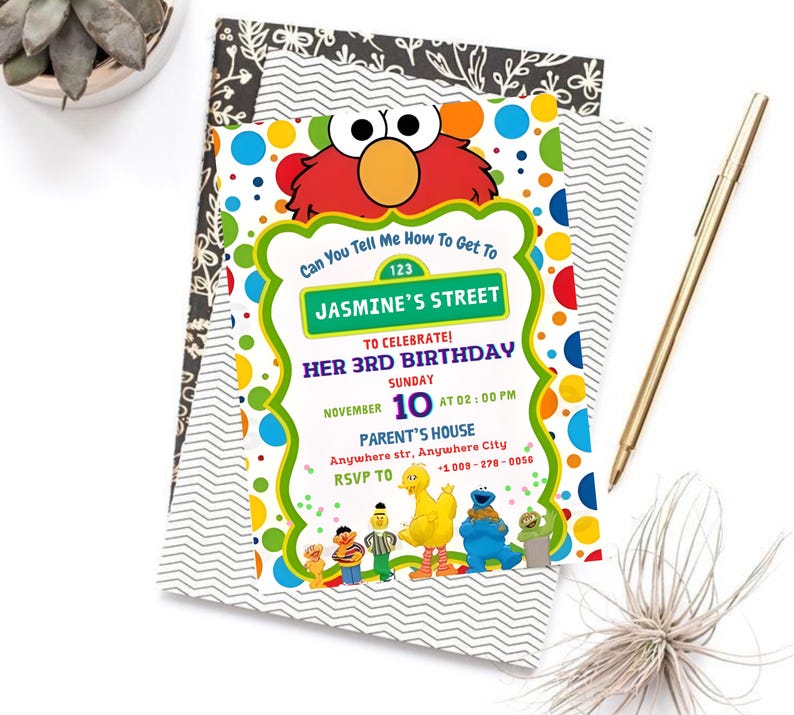 May include: A colorful birthday invitation featuring Elmo from Sesame Street. The invitation includes the text "Jasmine's Street" and details for a 3rd birthday celebration on November 10th at 2:00 PM. The design incorporates various Sesame Street characters.