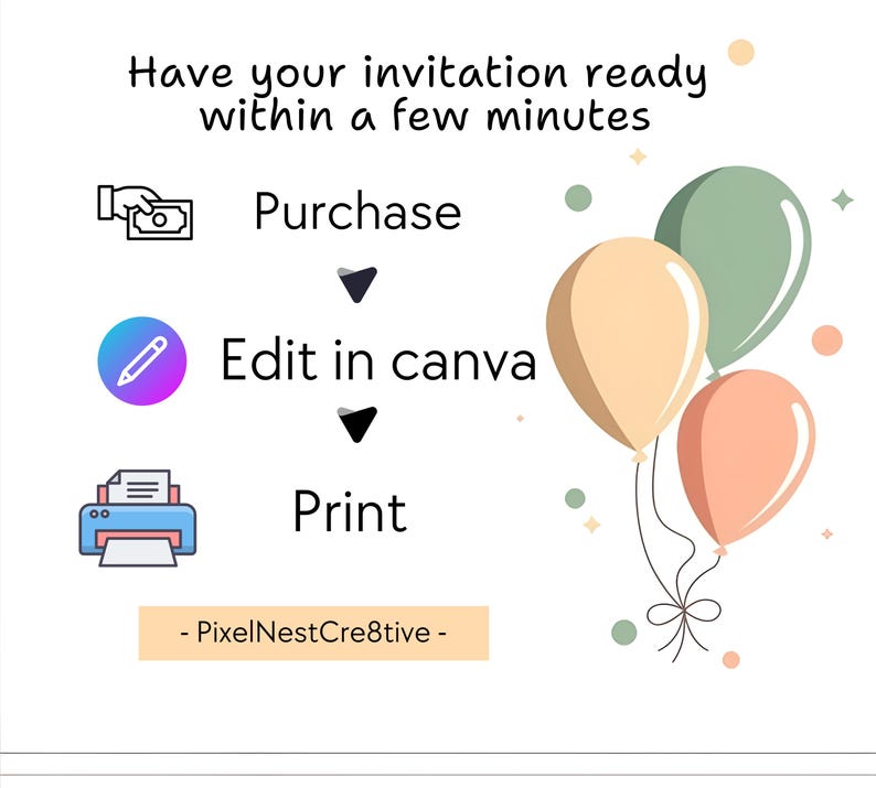 May include: White graphic with text "Have your invitation ready within a few minutes." Includes icons for purchase, editing in Canva, and printing. Features three balloons in peach, tan, and green. The text "- PixelNestCre8tive -" is also included.