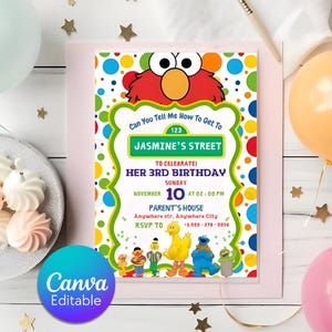 May include: A colorful birthday invitation featuring Elmo from Sesame Street. The invitation includes the text "Jasmine's Street" and "Her 3rd Birthday". The design incorporates polka dots and character illustrations.
