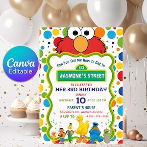 May include: A colorful birthday party invitation featuring Elmo and other Sesame Street characters. The invitation includes the text "Jasmine's Street" and details for a 3rd birthday celebration on November 10th at 2:00 PM.