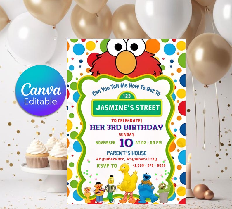 May include: A colorful birthday party invitation featuring Elmo and other Sesame Street characters. The invitation includes the text "Jasmine's Street" and details for a 3rd birthday celebration on November 10th at 2:00 PM.