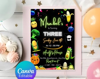 Dancing Fruits Birthday Invitation, Kawaii Kids Party Invite (Digital Download)