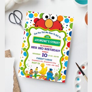 May include: A colorful birthday invitation featuring Elmo from Sesame Street. The invitation includes the text "Jasmine's Street" and "Her 3rd Birthday". The design incorporates a green, yellow, and red color scheme with polka dots and character illustrations.