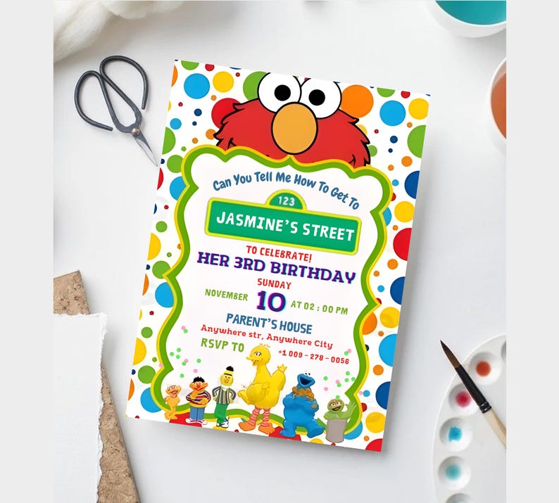 May include: A colorful birthday invitation featuring Elmo from Sesame Street. The invitation includes the text "Jasmine's Street" and "Her 3rd Birthday". The design incorporates a green, yellow, and red color scheme with polka dots and character illustrations.