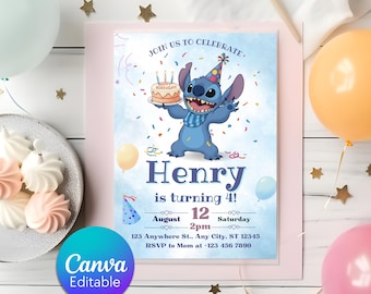 Stitch Birthday Invitation, Tropical Theme, Editable Kids Party Invite (Digital Download)