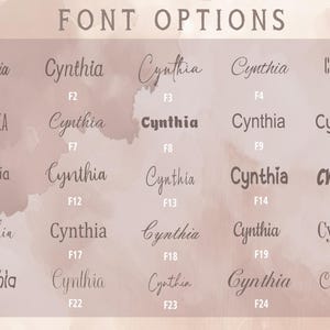 Op de afbeelding: Een overzicht van lettertype-opties voor de naam "Cynthia". De afbeelding toont de tekst "FONT OPTIONS" bovenaan, met 25 verschillende lettertypen voor de naam, elk genummerd.