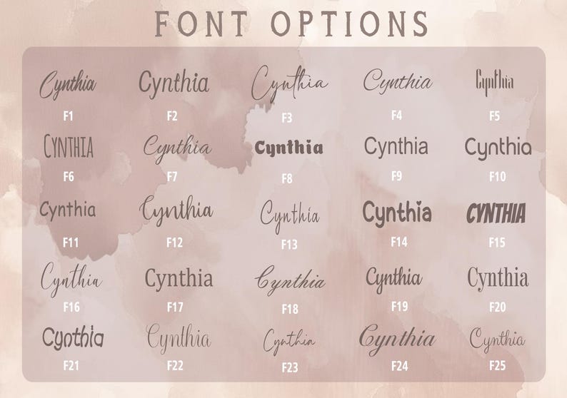 Op de afbeelding: Een overzicht van lettertype-opties voor de naam "Cynthia". De afbeelding toont de tekst "FONT OPTIONS" bovenaan, met 25 verschillende lettertypen voor de naam, elk genummerd.