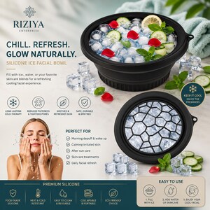 May include: A black silicone ice facial bowl with a collapsible design, featuring a grid-patterned lid. The bowl is shown filled with ice cubes, cucumber slices, mint leaves, and red flower petals, alongside text detailing its use for cooling skincare.