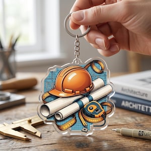 May include: An acrylic keychain featuring a graphic illustration of an orange hard hat, white rolled blueprints, and a yellow measuring tape set against a blue grid background. The keychain includes a silver metal split ring and chain.