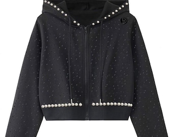 Schwarzer kurzer Hoodie mit Perlen und Strass – Y2K Streetwear Jacke