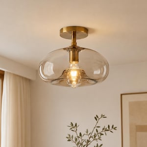 May include: A modern ceiling light fixture with a clear, rounded glass shade and a brass-colored metal base. The light bulb is visible inside the shade, emitting a warm glow. The fixture is mounted on a white ceiling.