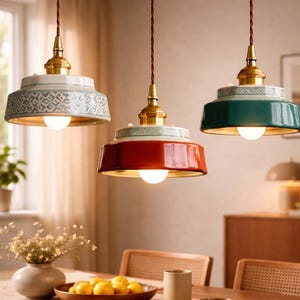 Puede incluir: Tres lámparas colgantes con pantallas de cerámica en rojo, verde y blanco estampado. Cada lámpara tiene un accesorio de latón y una bombilla cálida y brillante. Las luces cuelgan de cables marrones, iluminando un comedor.