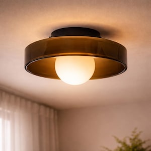 May include: A modern ceiling light fixture with a brown shade and a white globe bulb. The fixture has a black base and is mounted on a white ceiling. The light is turned on, illuminating the room.