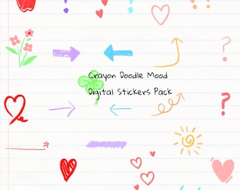 May include: A collection of colorful crayon-style digital stickers on lined paper. The stickers include hearts, arrows, flowers, exclamation points, and a sun. Text reads "Crayon Doodle Mood Digital Stickers Pack."