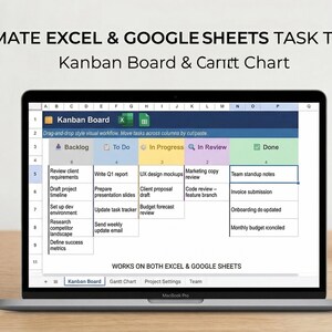 May include: A laptop screen shows a task tracker for Excel and Google Sheets, with a Kanban board and Gantt chart. The display features a visual workflow with columns for task stages. The text on the screen reads "ULTIMATE EXCEL & GOOGLE SHEETS TASK TRACKER".