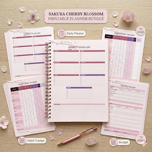 May include: A pink and white Sakura Cherry Blossom printable planner bundle. The bundle includes a weekly to-do list, habit tracker, and monthly budget pages. A rose gold pen and pink crystals are also included in the image.