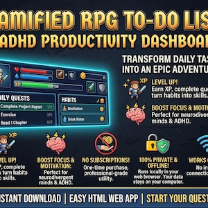 Gamify Your Life Habit Tracker & To-Do List | RPG Style Productivity Hub Web App (Easy Digital Download) | w/ Free Updates - XP/Quests