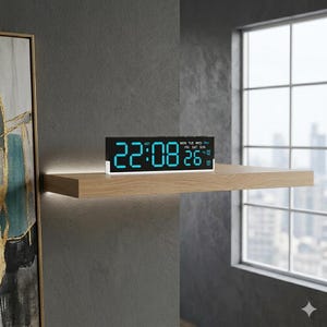 May include: A black digital clock with a white border displays the time, date, and day of the week in bright blue digits. The clock is set on a light brown wooden shelf, mounted on a gray wall. The time displayed is 22:08.