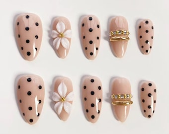 Black polka dot nail polish/press on nails long almond nails/Trendy nails/Blooming flower nails/Gold 3D Chrome Nails/Daily nail/Custom nails