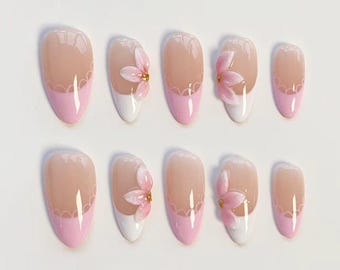 Unhas postiças 3D com flores rosa/unhas longas amendoadas/unhas elegantes/unhas francesas brancas simples/unhas de renda rosa-claro/unhas para as festas de fim de ano