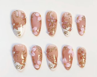 3D Blooming Pink Flower Nails/press on nails long almond nails/Elegant nails/Gold chrome nails/Simple Summer Nails/Holiday nails/Daily nails